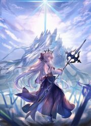1girl absurdres avalon_le_fae_(fate/grand_order) backless_dress backless_outfit black_bow black_dress blue_eyes blue_sky bow closed_mouth cloud commentary_request day dress fate/grand_order fate_(series) floating_hair from_behind grey_hair hair_bow heartunder_hub highres holding holding_staff holding_weapon looking_at_viewer morgan_le_fay_(fate) morgan_le_fay_(third_ascension)_(fate) outdoors planted planted_sword planted_weapon ponytail sky solo staff sword two-tone_dress weapon white_dress white_sleeves