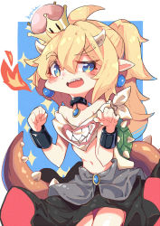 1girl :d bare_shoulders bib black_skirt blonde_hair blue_eyes blush bowsette_jr. cowboy_shot crown female_focus fire genderswap genderswap_(mtf) highres horns kotoba_(1074421015) long_hair looking_at_viewer mario_(series) navel new_super_mario_bros._u_deluxe nintendo open_mouth pointy_ears ponytail sharp_teeth skirt smile solo sparkle spikes super_crown tail teeth thick_eyebrows turtle_shell uneven_eyes