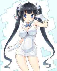 10s 1girl arm_ribbon black_hair blue_eyes blush bow breasts cleavage cleavage_cutout clothing_cutout dress dungeon_ni_deai_wo_motomeru_no_wa_machigatteiru_darou_ka female_focus gloves hair_ornament hair_ribbon heart hestia_(danmachi) large_breasts long_hair looking_at_viewer naka_akira rei_no_himo ribbon smile solo twintails white_dress white_gloves