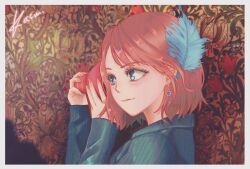 1girl blue_eyes blue_jacket commentary earrings eunha_(gfriend) feathers gfriend highres jacket jewelry k-pop kasurinjung long_sleeves looking_ahead profile real_life ring short_hair signature smile solo upper_body
