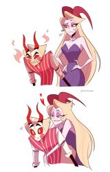 Rule 34 | 1boy, 1girl, blonde hair, blush stickers, commentary, couple, demon boy, demon girl, english commentary, english text, hair slicked back, hazbin hotel, hetero, highres, husband and wife, lilith (hazbin hotel), looking at another, lucifer morningstar (hazbin hotel), reminoaa