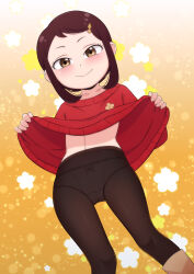 1girl becky_blackbell black_pantyhose blush boots bow bow_panties brown_boots brown_eyes brown_hair closed_mouth clothes_lift collarbone cosplay dot_nose dress dutch_angle eyebrows eyelashes feet_out_of_frame female_focus flat_chest from_below hair_ornament hairclip highres lifting_own_clothes loli looking_at_viewer looking_down morfinared navel official_alternate_costume panties panties_under_pantyhose pantyhose pov presenting red_sweater short_hair_with_long_locks simple_background smile solo spy_x_family standing sweater sweater_dress sweater_lift thighs underwear yellow_background yor_briar yor_briar_(cosplay)