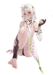 1girl absurdres arm_strap arm_up bare_shoulders barefoot black_gloves breasts brown_hair cleavage cleavage_cutout clothing_cutout crossed_legs dark-skinned_female dark_skin dress elbow_gloves elf eouhs flower full_body gloves green_eyes hair_between_eyes hair_flower hair_intakes hair_ornament halterneck highres jewelry knees_up large_breasts leaf_hair_ornament legs_together multicolored_hair nita_(snowbreak) nita_-_pulse_(sylvan_spirit) official_alternate_costume official_alternate_hairstyle panties pantyshot pointy_ears short_hair_with_long_locks sidelocks single_glove sitting sleeveless snowbreak:_containment_zone solo streaked_hair thigh_strap thighs toe_ring toes underwear white_background white_dress white_flower white_gloves white_hair