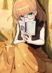 1girl :3 absurdres against_tree aqua_eyes autumn black_shirt blush book closed_mouth collared_shirt commentary_request crossed_bangs feet_out_of_frame frilled_shirt frills hair_ornament highres hinoshita_kaho hinoshita_kaho_(ishikawa_prefectural_library) holding holding_book knees_up link!_like!_love_live! long_skirt looking_at_viewer love_live! marishiten_(mar1sh110) medium_hair official_alternate_costume on_ground open_book orange_hair orange_skirt outdoors rabbit_hair_ornament shirt sitting skirt sleeveless sleeveless_shirt smile solo tree two_side_up virtual_youtuber w_arms yellow_nails