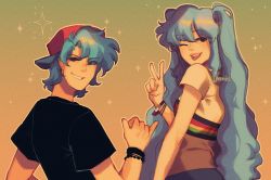 1boy 1girl ;p alternate_costume backwards_hat black_shirt blue_hair blue_skirt blush boyfriend_(friday_night_funkin&#039;) bracelet dress friday_night_funkin&#039; hat hatsune_miku highres jewelry long_hair looking_at_viewer one_eye_closed pixie_(milkywaypixies) red_headwear shirt skirt smile sparkle striped tongue tongue_out twintails v vocaloid white_shirt