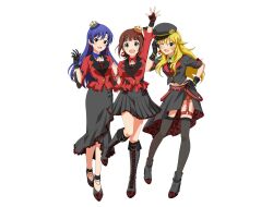 3girls amami_haruka belt blonde_hair blue_hair boots brown_eyes brown_hair chain crown earrings fingerless_gloves floral_print frilled_skirt frills gloves green_eyes hat high_heel_boots high_heels hoshii_miki idol_clothes idolmaster idolmaster_million_live! idolmaster_million_live!_theater_days jacket jewelry kisaragi_chihaya lace-up_boots long_skirt mini_crown multiple_girls navel official_art one_eye_closed open_mouth pleated_skirt promotional_art skirt thighhighs transparent_background
