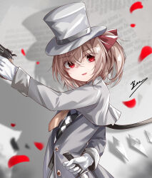 1girl absurdres alternate_costume ascot blonde_hair crystal crystal_wings falling_petals flandre_scarlet gloves gun hair_between_eyes hair_ribbon handgun hat hat_ribbon highres holding holding_gun holding_knife holding_weapon knife long_sleeves looking_at_viewer open_mouth petals red_eyes red_ribbon revolver ribbon rose_petals shirt short_hair simple_background smile solo top-exerou top_hat touhou upper_body vest weapon white_gloves white_shirt wings