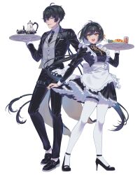 1boy 1girl alternate_costume apron black_dress black_hair black_jacket black_necktie black_pants black_shoes breasts butler collared_shirt commentary dress dual_persona earrings english_commentary enmaided female_rover_(wuthering_waves) food frilled_thigh_strap full_body gloves grey_vest hair_ribbon hand_on_own_hip high_heels highres holding holding_tray jacket jewelry large_breasts long_hair long_sleeves looking_at_viewer maid maid_headdress male_rover_(wuthering_waves) necktie nininininil omelet omurice open_clothes open_jacket open_mouth pants pantyhose parted_lips ribbon rover_(wuthering_waves) shirt shoes simple_background smile standing teeth thigh_strap tray triangle_earrings upper_teeth_only very_long_hair vest waist_apron white_background white_gloves white_hair white_pantyhose white_shirt wuthering_waves yellow_eyes yellow_ribbon