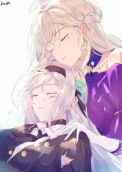 2girls bare_shoulders black_hairband black_jacket black_necktie black_ribbon blood blood_on_clothes blood_on_face braid buttons choker closed_eyes collared_shirt cracked_skin double-breasted dress earrings firefly_(honkai:_star_rail) firefly_(jepella_rebellion)_(honkai:_star_rail) gloves gradient_hair grey_hair hair_between_eyes hair_intakes hair_ornament hair_ribbon hairband halo hand_on_another&#039;s_head highres honkai:_star_rail honkai_(series) jacket jewelry long_hair multicolored_hair multiple_girls necktie open_clothes open_jacket open_mouth pearl_earrings purple_choker purple_dress qingsi ribbon robin_(honkai:_star_rail) shirt simple_background torn_clothes white_background white_gloves white_shirt yellow_halo