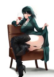 1girl ass black_boots black_panties blunt_bangs blush boots breasts chair closed_mouth clothes_lift commentary commission crossed_legs cup dress dress_lift drinking_glass earrings fubuki_(one-punch_man) full_body green_dress green_eyes green_hair high_heel_boots high_heels highres holding holding_cup jewelry large_breasts long_sleeves looking_at_viewer necklace on_chair one-punch_man panties pearl_necklace popped_collar short_hair sitting solo spykeee stiletto_boots stiletto_heels teardrop_earring teardrop_earrings thigh_boots thighs thong twitter_username underwear watermark white_background wine_glass yokozuwari