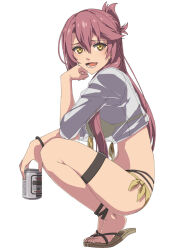 1girl beer_can bikini bikini_under_clothes blush border breasts can chiharu_(9654784) commentary_request drink_can eiyuu_densetsu from_side front-tie_bikini_top front-tie_top hair_between_eyes highres holding holding_can long_hair lower_teeth_only midriff official_alternate_costume open_mouth outside_border pink_hair sandals sara_valestein see-through_clothes sen_no_kiseki sen_no_kiseki_(series) sen_no_kiseki_iv shirt side-tie_bikini_bottom simple_background smile solo squatting swimsuit teeth tied_shirt toes white_background yellow_bikini yellow_eyes