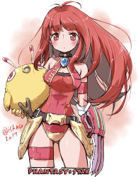 1girl 2017 breasts closed_mouth gloves highres isedaichi_ken leotard long_hair looking_at_viewer mieu_(phantasy_star) phantasy_star phantasy_star_iii red_hair solo thigh_strap twitter_username weapon