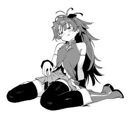 Rule 34 | 1girl, bare shoulders, blush, boots, breasts, detached sleeves, dress, eggplant, greyscale, highres, ikezawa shin, long hair, looking down, mahou shoujo madoka magica, monochrome, ponytail, sakura kyoko, sakura kyoko (magical girl), sexually suggestive, sitting, small breasts, solo, thighhighs, tongue, tongue out, wariza, wrist cuffs