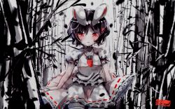 1girl :3 animal_ears bamboo bamboo_forest breasts carrot_necklace commentary cowboy_shot english_commentary forest frilled_skirt frills highres inaba_tewi jewelry looking_at_viewer medium_hair mixed-language_commentary monochrome nature necklace nywerya rabbit_ears rabbit_girl red_eyes shirt short_sleeves signature skirt skirt_set small_breasts smile solo spot_color straight-on thighhighs touhou zettai_ryouiki