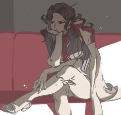 1girl breasts brown_hair brown_shirt closed_mouth coat coat_on_shoulders collared_shirt couch expressionless goddess_of_victory:_nikke highres ingrid_(nikke) izagmanha long_hair necktie on_couch red_necktie shirt sitting solo