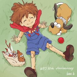 Rule 34 | 1boy, 1girl, ^ ^, animal collar, anniversary, arm rest, artist name, ball, belt, bird, blonde hair, blue overalls, boots, bracelet, brown hair, brown shoes, cape, chicken, closed eyes, closed mouth, collar, commentary, copyright name, dog, doll joints, dress, elbow rest, fairy, fairy wings, feet up, from above, grass, hairband, hand on own chin, head rest, jewelry, joints, katou kei (animator), leaning back, looking at another, lying, lying on animal, on animal, on grass, on stomach, outdoors, overall shorts, overalls, pino (wonder project), red boots, red cape, red dress, red hairband, shoes, short hair, signature, sitting, sleeping, smile, tinker (wonder project), wings, wonder project j