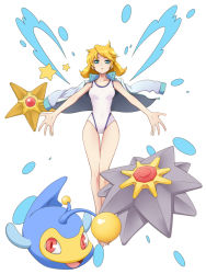 1girl bare_legs breasts cowboy_shot creatures_(company) game_freak gen_1_pokemon gen_2_pokemon green_eyes jacket lanturn legs legs_together looking_at_viewer misty_(pokemon) nintendo one-piece_swimsuit orange_hair pokemon pokemon_(creature) pokemon_hgss starmie staryu swimsuit thighs water waves white_one-piece_swimsuit yassy_(yasikoz2008)