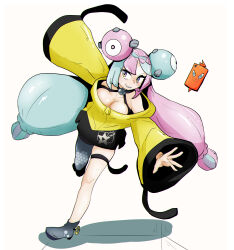 absurdres bow-shaped_hair breasts character_hair_ornament creatures_(company) game_freak gen_4_pokemon grey_pantyhose hair_ornament hexagon_print highres iono_(pokemon) jacket large_breasts long_hair low-tied_long_hair multicolored_hair nintendo oversized_clothes pantyhose pokemon pokemon_sv rotom rotom_phone sharp_teeth single_leg_pantyhose sleeves_past_fingers sleeves_past_wrists split-color_hair teeth two-tone_hair very_long_sleeves x yellow_jacket