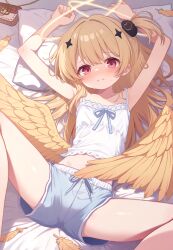 1girl absurdres arms_up blonde_hair blue_shorts camisole chucolala commentary_request commission dolphin_shorts double_halo feathered_wings flat_chest halo head_on_pillow highres kohaku_rinne large_variant_set loli long_hair looking_at_viewer low_wings lying midriff on_back one_side_up pillow pixiv_commission red_eyes shorts solo spread_legs suzumiya_rin variant_set virtual_youtuber white_camisole wings yellow_halo yellow_wings