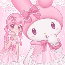 2girls :o bead_bracelet beads blush blush_stickers bow bracelet capelet commentary dress dual_persona english_commentary fashion frilled_dress frills furry furry_and_humanization furry_female hair_bow hair_ornament hairclip highres himekaji humanization jewelry lace looking_at_viewer low_twintails multiple_girls my_melody necklace onegai_my_melody pendant pink_background pink_bow pink_capelet pink_dress pink_eyes pink_hair pink_theme rabbit_girl sanrio shino_(sh1noart) sparkle twintails