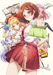 2boys 6+girls ;d absurdres aqua_sweater black_hair black_ribbon blazer blonde_hair blue_shirt blush breasts brown_cardigan brown_eyes brown_hair brown_jacket brown_pants building car cardigan chopsticks class_no_daikirai_na_joshi_to_kekkon_suru_koto_ni_natta. cleavage closed_mouth food full_body grin gyaru hair_ribbon hands_in_pockets highres holding holding_bento houjou_rui houjou_saito houjou_shisei house ishikura_himari jacket jewelry ladle long_hair long_sleeves maid motor_vehicle multiple_boys multiple_girls necktie official_art omelet one_eye_closed open_mouth pants pink_hair purple_eyes red_car red_necktie ribbon rice ring sakuramori_akane sakuramori_chiyo sakuramori_maho sausage school_uniform shirt short_hair short_sleeves simple_background smile sweater teeth tenryu_hojo thighs unworn_shirt unworn_sweater vacuum_cleaner wedding_ring white_background wrapped_bento yellow_eyes