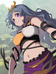 1girl arm_ribbon bare_shoulders black_ribbon breasts chirizuka_ubame closed_mouth commentary_request crop_top dutch_angle forest frilled_shirt frilled_skirt frills grey_hair headpiece highres large_breasts long_hair looking_at_viewer midriff multicolored_shirt nature navel purple_eyes ribbon shirt skirt sleeveless sleeveless_shirt smile solo syope touhou very_long_hair wavy_hair