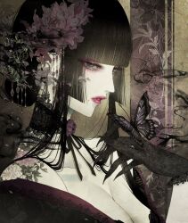 absurdres black_gloves black_hair bug butterfly choker fingernails flower flower_tattoo gloves highres hime_cut insect lace long_eyelashes original pale_skin portrait red_lips satsuki_kei tattoo
