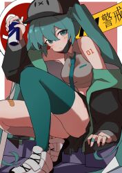 Rule 34 | 1girl, absurdres, aqua eyes, aqua hair, aqua necktie, ass, asymmetrical legwear, bandaid, bare shoulders, black hat, black mask, black sleeves, blush, breasts, can, chinese text, fu o, full body, grey shirt, hair between eyes, hat, hatsune miku, highres, holding, holding can, kneehighs, long hair, looking at viewer, mask, mismatched legwear, mouth mask, necktie, number tattoo, off-shoulder jacket, off shoulder, shirt, shoes, sign, skirt, socks, solo, squatting, stairs, tattoo, thighhighs, twintails, upskirt, very long hair, vocaloid