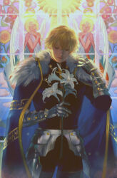 1boy angel angel_wings armor black_shirt blonde_hair blue_cape blue_eyes cape collared_cape emg_(christain) fate/extra fate/grand_order fate_(series) faulds flower fur-trimmed_cape fur_trim gauntlets gawain_(fate) holding holding_flower knight lily_(flower) long_sleeves male_focus pants shirt short_hair stained_glass standing sun_symbol white_wings wings