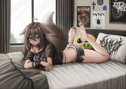 1girl absurdres ahoge animal_ear_fluff ass bare_legs barefoot bed_sheet beetle black_nails black_shirt black_shorts blanket blush bracelet breasts brown_eyes brown_hair bug collar commission cross feet feet_up fishnets full_body hair_ornament hairclip heart heart_ahoge heart_hair_ornament highres insect jewelry legs lobsteranian long_hair looking_at_viewer lying medium_breasts multiple_rings nail_polish off_shoulder on_bed on_stomach original pepe_the_frog pillow poster_(object) ring shirt short_shorts shorts single_bare_shoulder soles solo spiked_bracelet spikes tail toenail_polish toenails toes x_hair_ornament