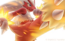blaziken blue_eyes claws clenched_hand close-up closed_mouth colored_sclera commentary creatures_(company) fire game_freak gen_3_pokemon kicking komepan nintendo pokemon pokemon_(creature) solo white_background yellow_sclera