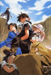 2girls 4boys black_hair bonnie_magee brown_hair cape cloud constance_magee day dortin dress glasses gloves hat headband highres keith_royal kusaka_yuuya long_hair majutsushi_orphen multiple_boys multiple_girls one_eye_closed orphen scan sky volkan