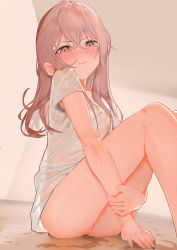 1girl absurdres anus bare_legs blush breasts censored closed_mouth crossed_bangs frown hair_between_eyes highres hugging_own_legs inui_sajuna knees_to_chest knees_up long_hair mosaic_censoring naked_shirt nuda pink_eyes pink_hair pout pouty_lips pussy see-through_clothes shirt sitting small_breasts solo sono_bisque_doll_wa_koi_wo_suru tearing_up tears thighs wet wet_clothes white_shirt