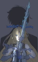 .osari 1boy 1girl bare_shoulders blonde_hair blue_eyes breasts commentary crown_of_thorns earrings english_commentary fleurdelys_(wuthering_waves) floating_earrings grey_background highres holding holding_sword holding_weapon jewelry large_breasts long_hair male_rover_(wuthering_waves) parted_lips pointy_ears rover_(wuthering_waves) sidelocks simple_background solo_focus sword weapon wuthering_waves