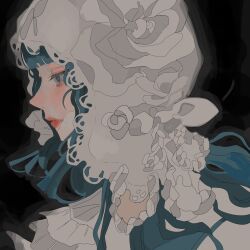 1girl aegyo_sal bekuko blunt_bangs bonnet expressionless eyelashes eyeshadow green_eyes green_hair highres lips long_hair makeup mole mole_under_mouth original parted_lips portrait profile rouge_(makeup) solo square white_bonnet