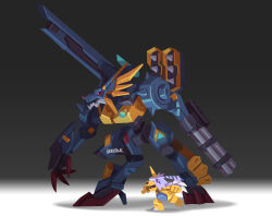 Rule 34 | arm cannon, armor, blue armor, blue fur, body fur, cyborg, digimon, digimon (creature), evolutionary line, full body, gabumon, gabumon x-antibody, gero rivera, grey background, highres, horns, metalgarurumon, metalgarurumon x-antibody, red eyes, shoulder cannon, simple background, single horn, weapon, wolf, yellow armor