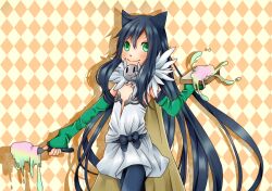 Rule 34 | 1girl, alchemist (ragnarok online), alternate color, animal ears, belt, black belt, black hair, black pantyhose, blush, bread, bread slice, brown cape, cape, cat ears, cat girl, checkered background, closed mouth, commentary request, cowboy shot, detached sleeves, dress, flat chest, food, fur collar, green eyes, green sleeves, holding, holding food, long hair, looking at viewer, meiko (nattu303), orange background, pantyhose, ragnarok online, smile, solo, strapless, strapless dress, toast, vanilmirth (ragnarok online), very long hair, white dress