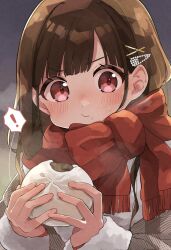 ! 19_okeke 1girl steamed_bun blush brown_hair eating enpera food food_on_face fur-trimmed_sleeves fur_trim highres holding holding_food idolmaster idolmaster_shiny_colors long_hair red_eyes red_scarf scarf solo sonoda_chiyoko spoken_exclamation_mark steam sweatdrop upper_body