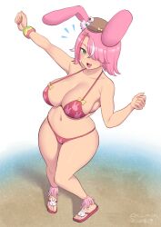 1girl allurmilk animal_ears animal_print arm_up bare_shoulders bikini blush borrowed_character bow breasts brown_hat cleavage collarbone commentary dated english_commentary fang gradient_background green_eyes hair_ornament hair_over_one_eye hairclip hat large_breasts medium_hair mini_hat multicolored_hair multicolored_wristband nail_polish navel one_eye_covered open_mouth original pink_anklet pink_bikini pink_hair pink_nails pink_sandals rabbit_ears rabbit_girl rabbit_ornament rabbit_print sand sandals signature smile solo stomach streaked_hair string_bikini swimsuit thighs toenail_polish toenails toes white_background x_hair_ornament yellow_bow