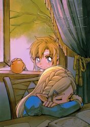 1boy 1girl apple bandaid bandaid_on_face bandaid_on_forehead blonde_hair blue_eyes blue_shirt book braid child closed_eyes crossed_arms crown_braid curtains dirty dirty_face food fruit hair_ornament hairclip highres holding holding_food holding_fruit juliet_sleeves link long_hair long_sleeves looking_at_another mouyi nintendo open_book pointy_ears princess_zelda puffy_sleeves shirt short_hair sitting sleeping the_legend_of_zelda the_legend_of_zelda:_breath_of_the_wild tree triforce upper_body window wooden_chair