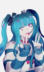 1girl amemiya_darumi black_bow black_hair blue_hair blue_stripes bow bowknot_huhu collar double_v eyelashes female_focus hair_bow heart highres long_hair makeup multicolored_hair one_eye_closed pink_hair runny_makeup shirt simple_background solo solo_focus striped_clothes striped_shirt the_hundred_line_-last_defense_academy- tongue tongue_out twintails upper_body v white_background white_stripes wink