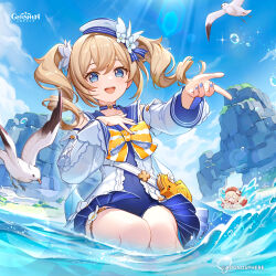 Rule 34 | &gt; &lt;, 2girls, absurdres, animal bag, barbara (genshin impact), barbara (summertime sparkle) (genshin impact), bird, blonde hair, blue eyes, blue nails, blue one-piece swimsuit, blue sky, bow, casual one-piece swimsuit, choker, commentary, detached sleeves, drill hair, english commentary, genshin impact, hat, highres, klee (genshin impact), looking at viewer, multiple girls, official alternate costume, official art, one-piece swimsuit, open mouth, outdoors, reaching, reaching towards viewer, sailor hat, seagull, sitting, sky, smile, solo focus, swimming, swimsuit, teeth, twin drills, twintails, upper teeth only, yellow bow