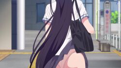 1girl 6+boys animated anime_screenshot ass bag black_hair breasts cellphone clothes_lift colored_inner_hair hair_between_eyes haite_kudasai_takamine-san handbag highres huge_ass large_breasts multicolored_hair multiple_boys necktie outdoors panties pants phone pink_panties purple_hair red_eyes red_necktie reflection school_uniform shirota_takashi shirt sidelocks skirt skirt_lift socks sound tagme takamine_takane thighs underwear video walking wardrobe_malfunction white_shirt