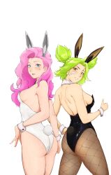 2girls absurdres animal_ears ass bandaid bandaid_on_cheek bandaid_on_face black_leotard blue_eyes breasts brown_eyes commentary_request detached_collar facial_mark fishnet_pantyhose fishnets green_hair hand_on_own_hip highleg highleg_leotard highres league_of_legends leotard long_hair medium_breasts mishislover multiple_girls pantyhose pink_hair playboy_bunny rabbit_ears rabbit_tail seraphine_(league_of_legends) short_hair sideboob small_breasts smile spanish_commentary strapless strapless_leotard tail thumbs_up two_side_up white_leotard wrist_cuffs zeri_(league_of_legends)