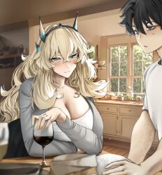 1boy 1girl absurdres barghest_(fate) black_hair blonde_hair blue_eyes breasts cleavage fate/grand_order fate_(series) fujimaru_ritsuka_(male) green_eyes highres huge_breasts long_hair long_sleeves obazzotto red_wine short_hair short_sleeves wine