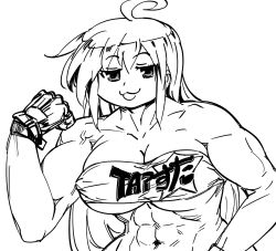 1girl :3 abs ahoge alternate_muscle_size art_shift bad_id bandeau bb_(baalbuddy) belt_bra biceps breasts female_focus fingerless_gloves flexing gloves greyscale hand_up highres inactive_account izumi_konata jitome large_breasts linea_alba long_hair looking_at_viewer lucky_star monochrome muscular muscular_female navel parody simple_background smile solo tap_out upper_body veins white_background