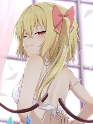 1girl arms_behind_back back backlighting bare_shoulders blonde_hair blush bow bra breasts closed_mouth commentary_request crossed_bangs crystal_wings falling_petals fang flandre_scarlet from_behind hair_between_eyes hair_bow hair_intakes half-closed_eyes highres indoors long_hair looking_at_viewer looking_back no_headwear one_side_up paid_reward_available petals red_bow red_eyes seductive_smile slit_pupils small_breasts smile smug solo strap_slip szl touhou underwear underwear_only undressing upper_body white_bra window wings