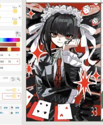 1girl black_jacket card celestia_ludenberg closed_mouth collared_shirt danganronpa:_trigger_happy_havoc danganronpa_(series) dice drill_hair frilled_jacket frills highres jacket long_sleeves necktie nou_325 open_clothes open_jacket playing_card red_background red_eyes red_necktie shirt smile twin_drills twintails unfinished