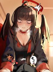 1boy 1girl antenna_hair black_serafuku black_skirt black_wings blood blood_halo blue_archive blunt_bangs breasts bulge cleavage erection erection_under_clothes girl_on_top halo highres indoors large_breasts liquid_halo pleated_skirt pov red_eyes school_uniform serafuku skirt solo_focus speech_bubble stream sweat tosigaimonaku tsurugi_(blue_archive) wide-eyed window wings