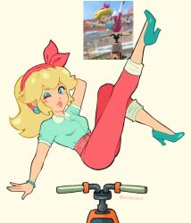 1girl aqua_eyes aqua_eyeshadow aqua_nails aqua_shirt aqua_shoes arm_behind_head bead_bracelet beads belt blonde_hair blush bracelet breasts collared_shirt earrings eyeshadow foot_up full_body game_screenshot_inset hair_ribbon hairband high_heels highres jewelry long_hair makeup mario_(series) mario_kart mario_kart_world medium_breasts motor_vehicle nail_polish nintendo one_eye_closed pants parted_lips pink_belt pink_hairband pink_lips pink_pants pink_ribbon princess_peach pumps reference_inset ribbon shirt shoes sidelocks softp3ach solo twitter_username